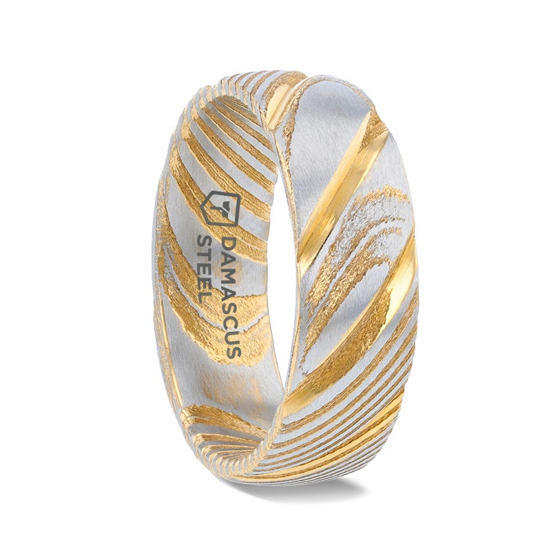 CERSEI Gold Color Domed Brushed Damascus Steel Mens Wedding Ring