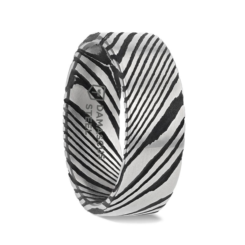 HANZO Black Flat Brushed Damascus Steel Mens Wedding Ring