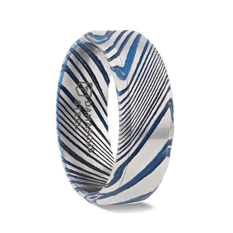 BISMAN Blue Beveled Brushed Damascus Steel Mens Wedding Ring