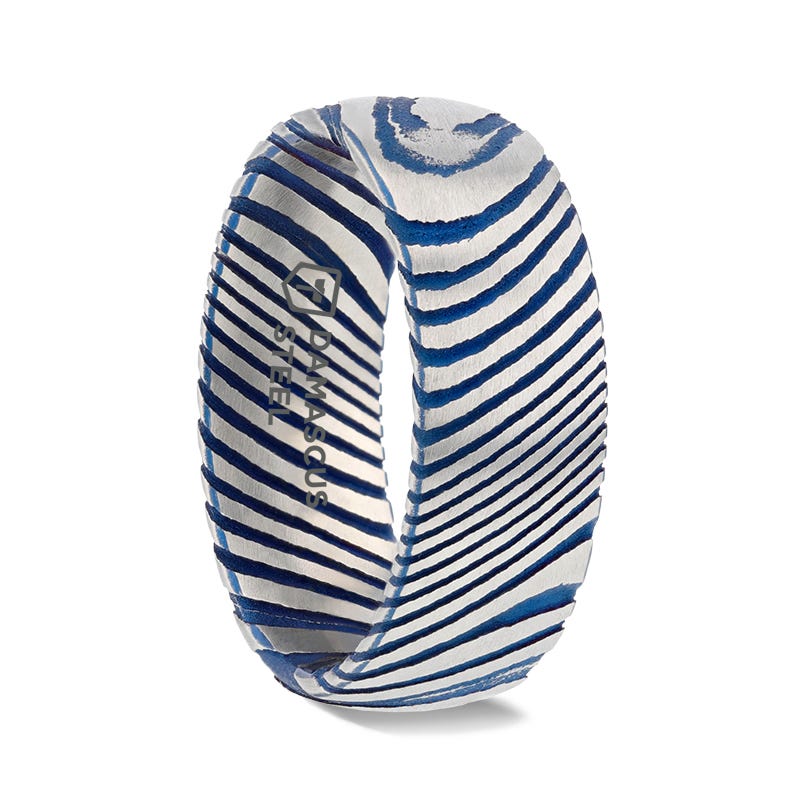 EARL Blue Domed Brushed Damascus Steel Mens Wedding Ring