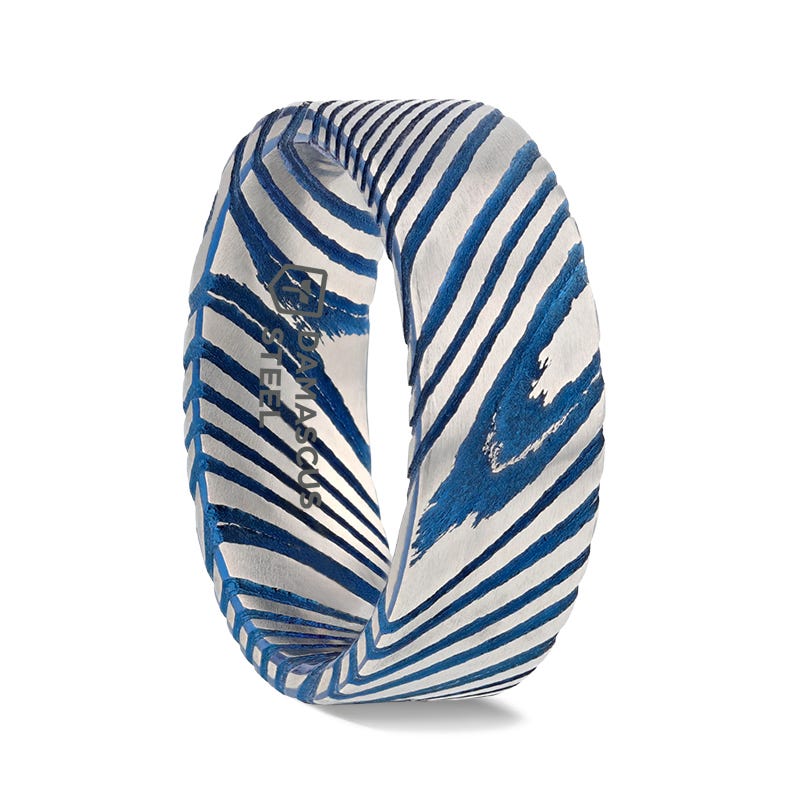 DUKE Blue Flat Brushed Damascus Steel Mens Wedding Ring