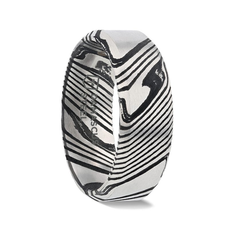 MELVIN Black Damascus Steel Brushed Beveled Mens Wedding Ring