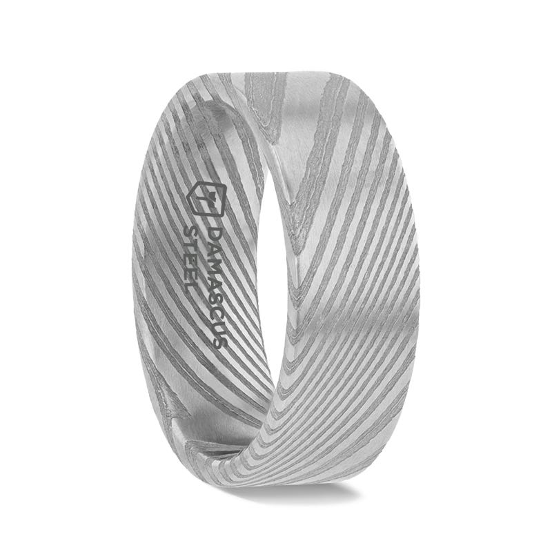 XANDER Grey Flat Brushed Damascus Steel Mens Wedding Ring