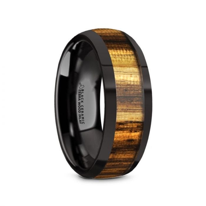 ZERRA Black Ceramic Polished Finish Menâs Domed Wedding Ring