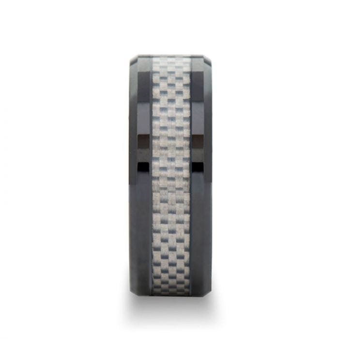 MYSTIQUE Beveled White Carbon Fiber Inlaid Ceramic Ring