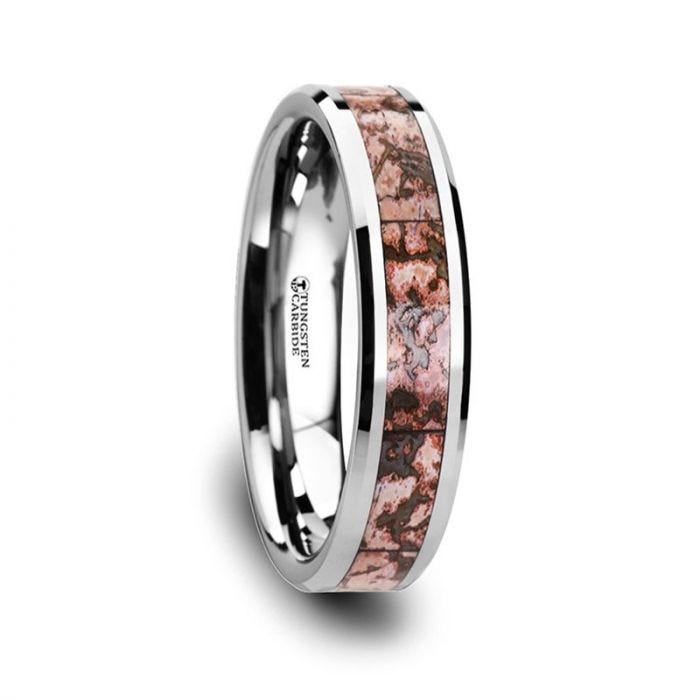 ARCHEAN Pink Dinosaur Bone Inlaid Tungsten Carbide Beveled Edged Ring