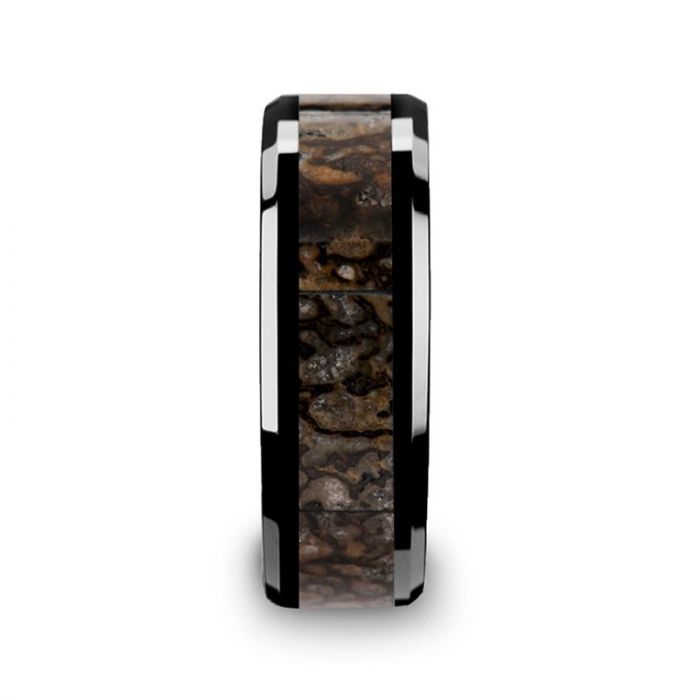 SILURIAN Dinosaur Bone Inlaid Black Ceramic Beveled Edged Ring