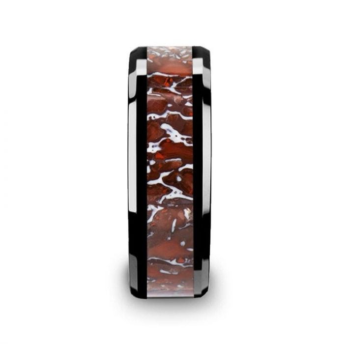 TRIASSIC Red Dinosaur Bone Inlaid Black Ceramic Beveled Edged Ring