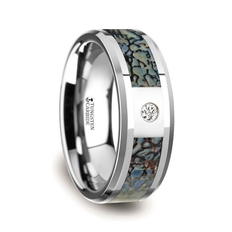 Blue Dinosaur Bone Inlaid Tungsten Carbide Diamond Wedding Band