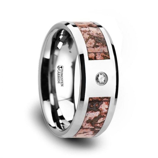 Pink Dinosaur Bone Inlaid Tungsten Carbide Diamond Wedding Band