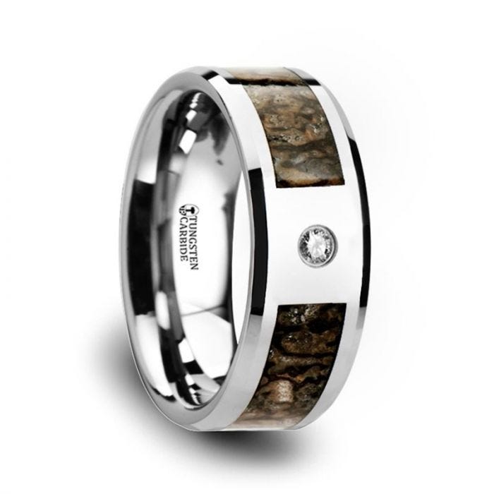 Brown Dinosaur Bone Inlaid Tungsten Carbide Diamond Wedding Band