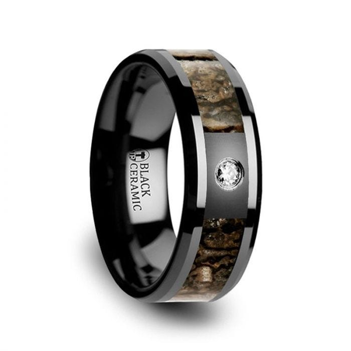 Brown Dinosaur Bone Inlaid Black Ceramic Diamond Wedding Band