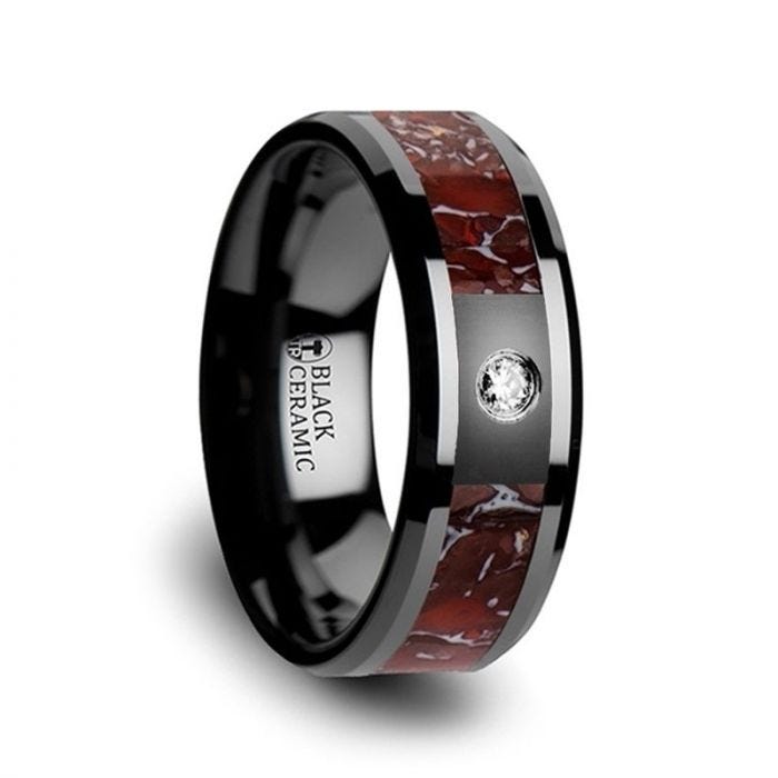 Red Dinosaur Bone Inlaid Black Ceramic Diamond Wedding Band