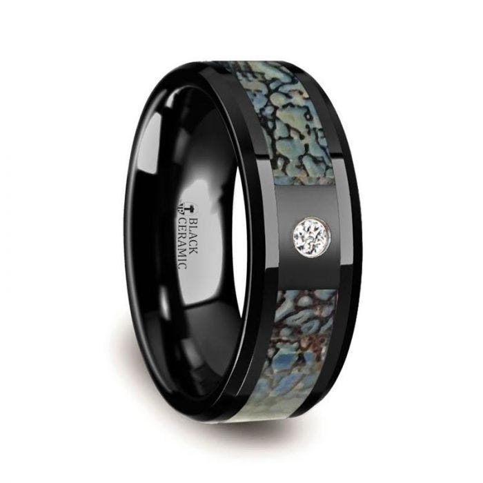 Blue Dinosaur Bone Inlaid Black Ceramic Diamond Wedding Band