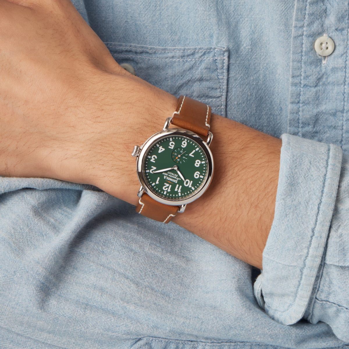 Shinola Runwell 41mm Green watch on the wrist