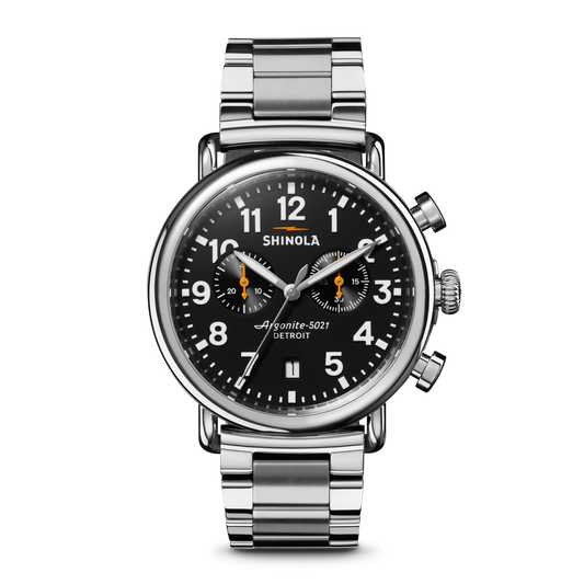 Shinola Runwell 41mm chronograph watch with black dial and stainless steel bracelet