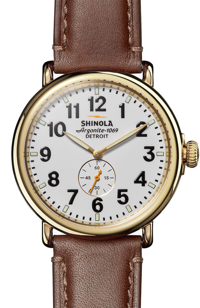 Shinola Runwell 47mm watch with white dial, gold PVD case and brown leather strap