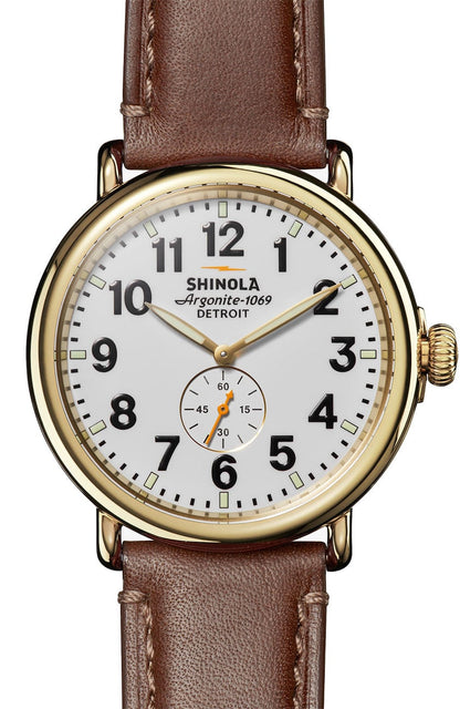 Shinola Runwell 47mm watch with white dial, gold PVD case and brown leather strap
