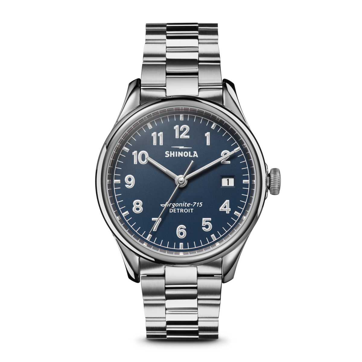 Shinola Vinton 38mm watch with midnight blue dial and stainless steel bracelet