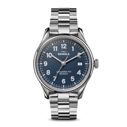 Shinola Vinton 38mm watch with midnight blue dial and stainless steel bracelet