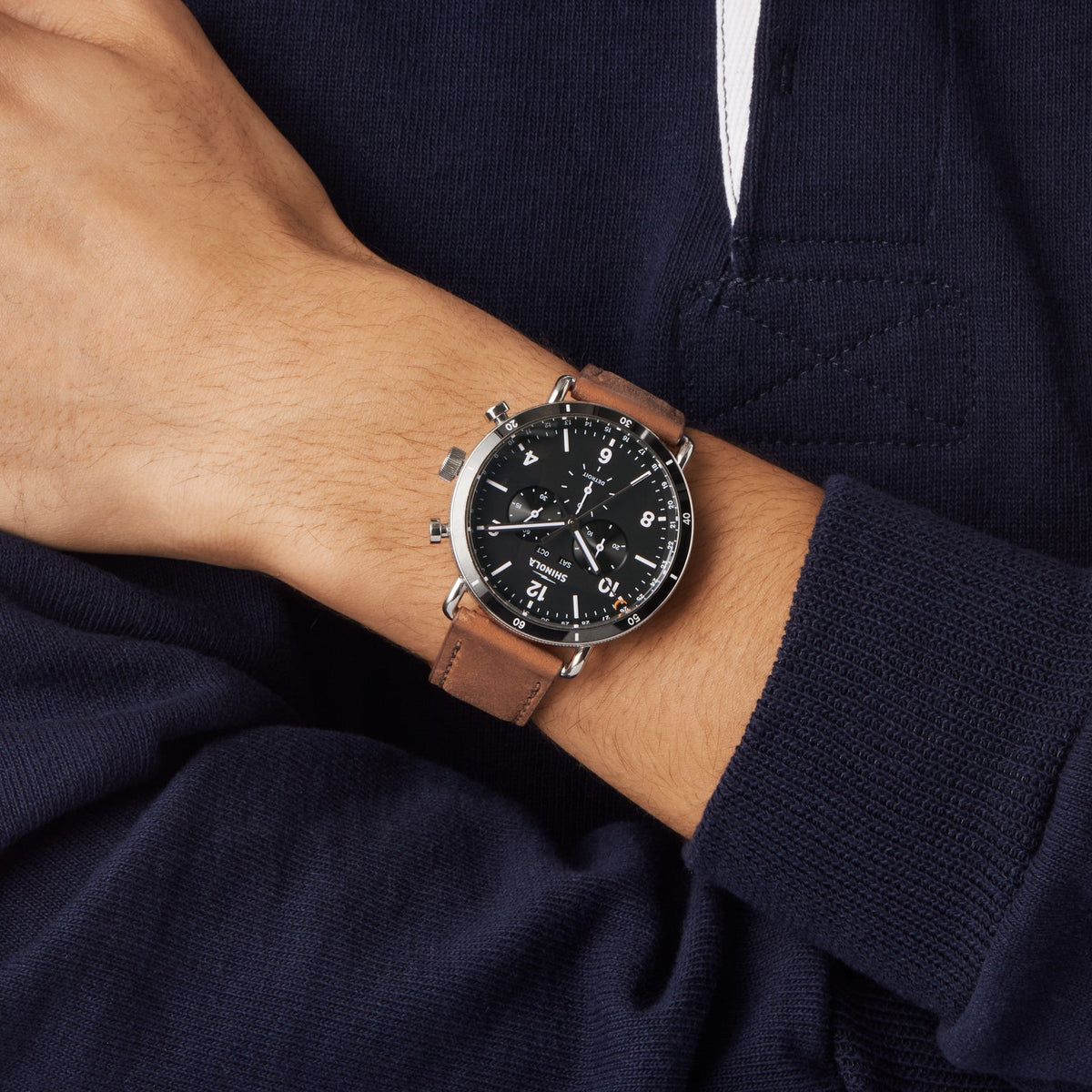 Shinola Canfield Sport Black chronograph on the wrist