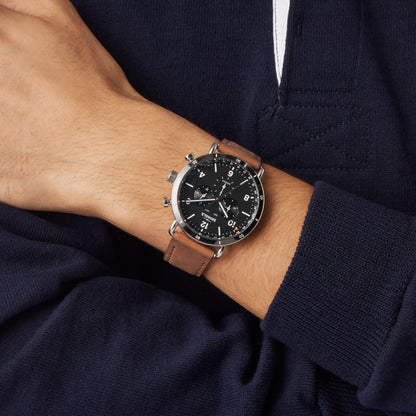 Shinola Canfield Sport Black chronograph on the wrist
