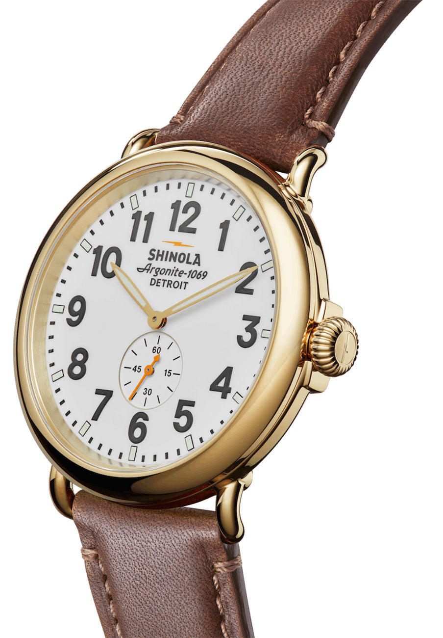 Shinola Runwell 47mm White Gold PVD watch angled view
