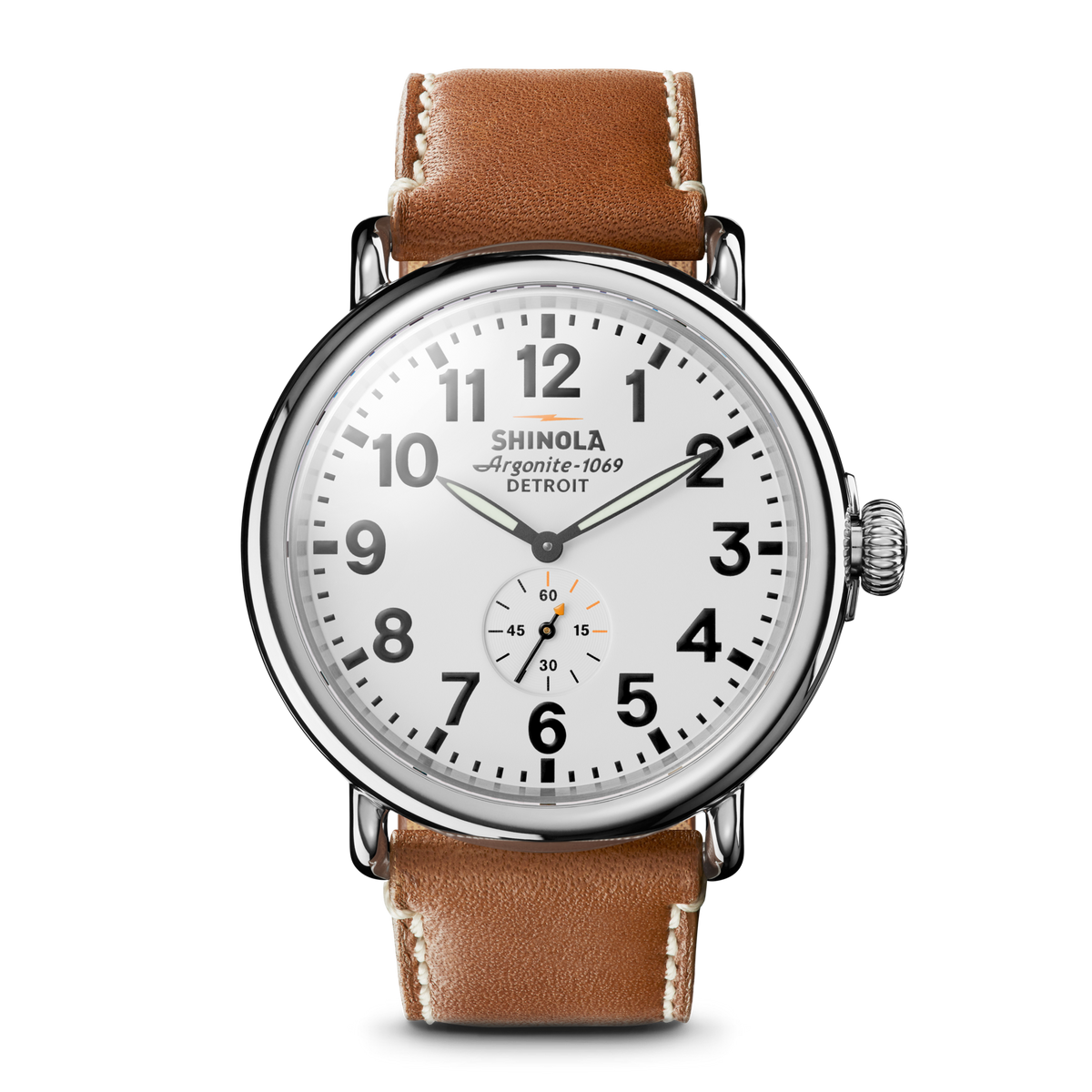 Shinola Runwell 47mm watch with white dial and tan leather strap