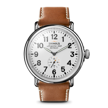 Shinola Runwell 47mm watch with white dial and tan leather strap