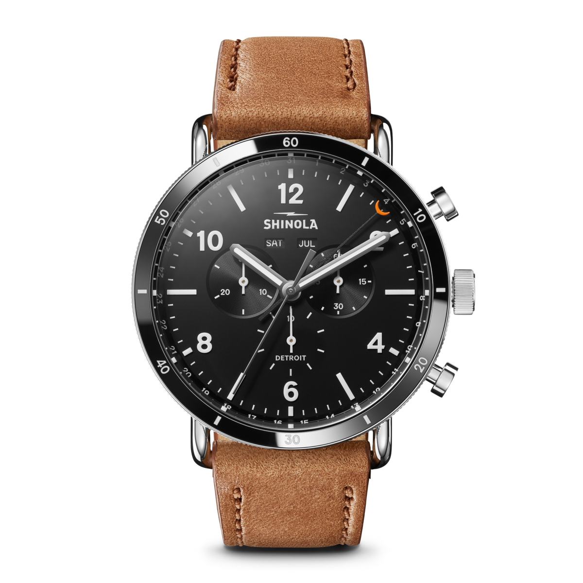 Shinola Canfield Sport 45mm chronograph watch with black dial and bourbon leather strap