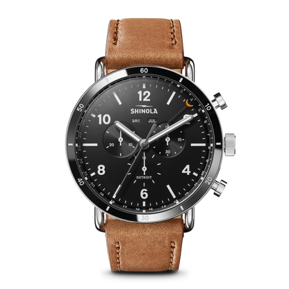 Shinola Canfield Sport 45mm chronograph watch with black dial and bourbon leather strap