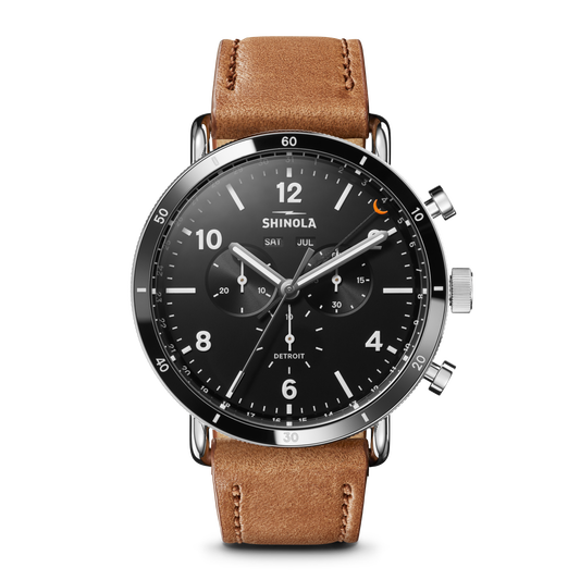 Shinola Canfield Sport 45mm chronograph watch with black dial and bourbon leather strap