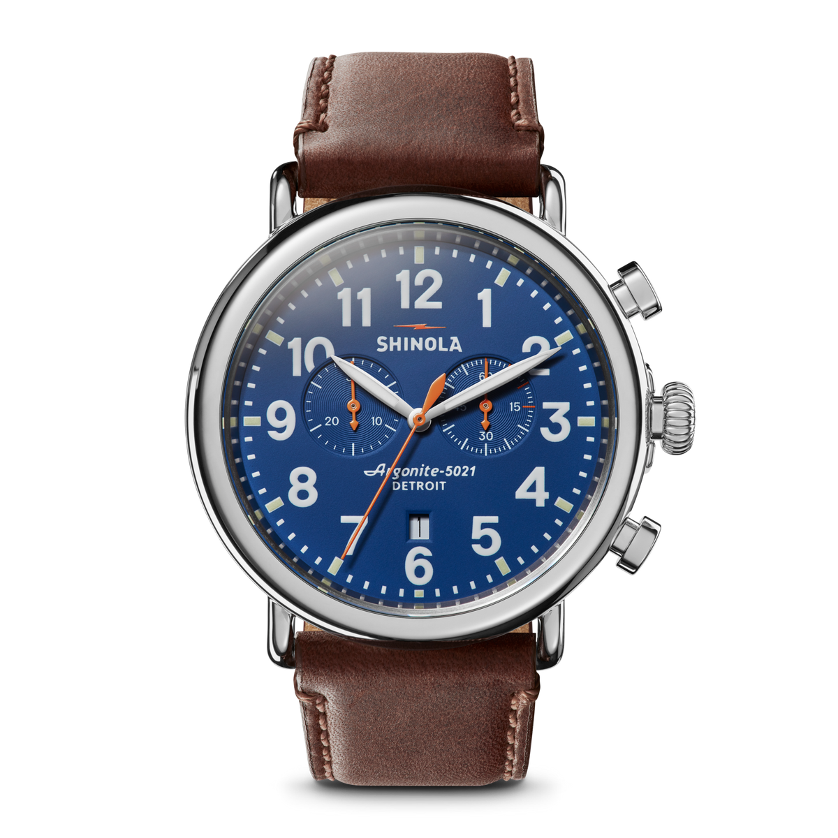 Shinola Runwell 47mm chronograph watch with blue dial and brown leather strap