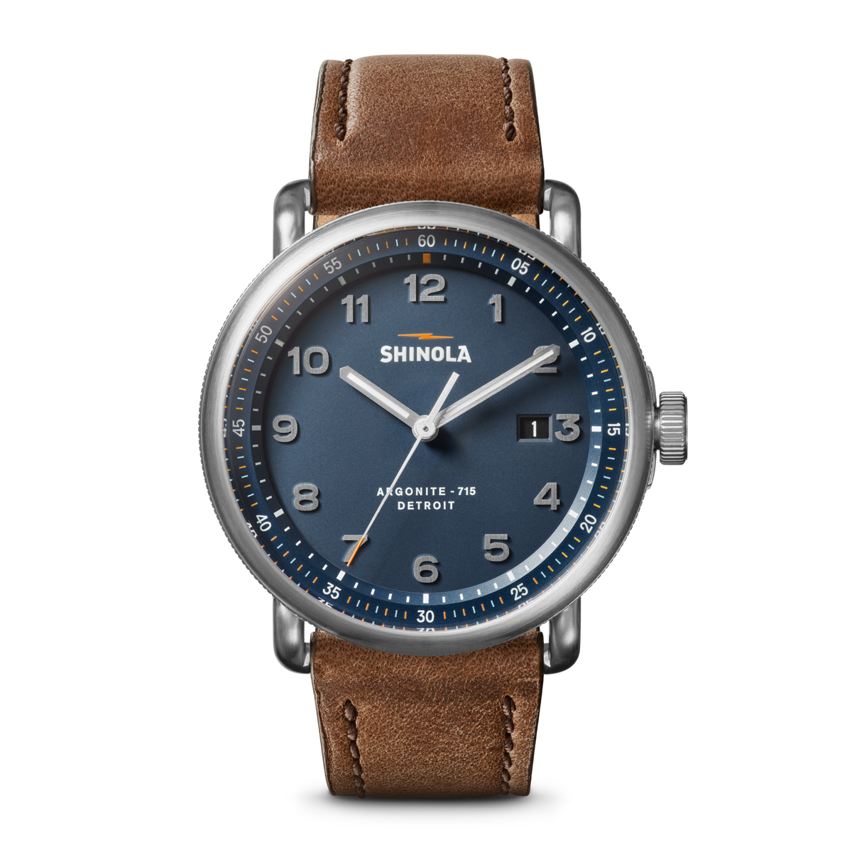 Shinola Canfield C56 43mm watch with continental blue dial and British Tan leather strap