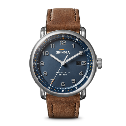 Shinola Canfield C56 43mm watch with continental blue dial and British Tan leather strap