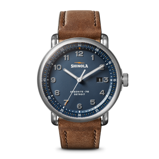 Shinola Canfield C56 43mm watch with continental blue dial and British Tan leather strap