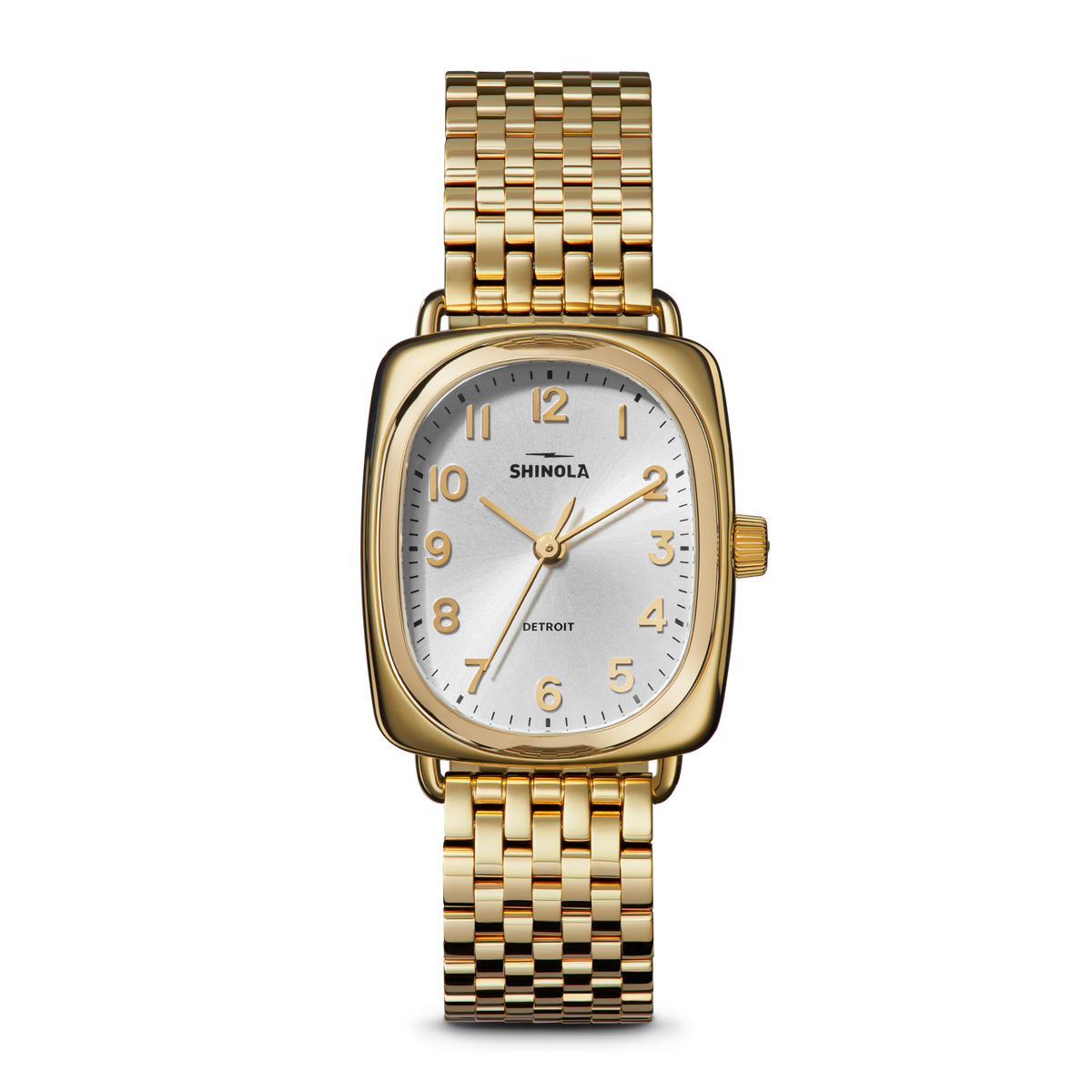 Shinola Bixby 29x34mm watch with light silver dial and gold PVD bracelet