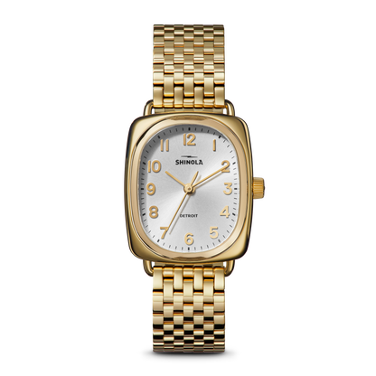 Shinola Bixby 29x34mm watch with light silver dial and gold PVD bracelet