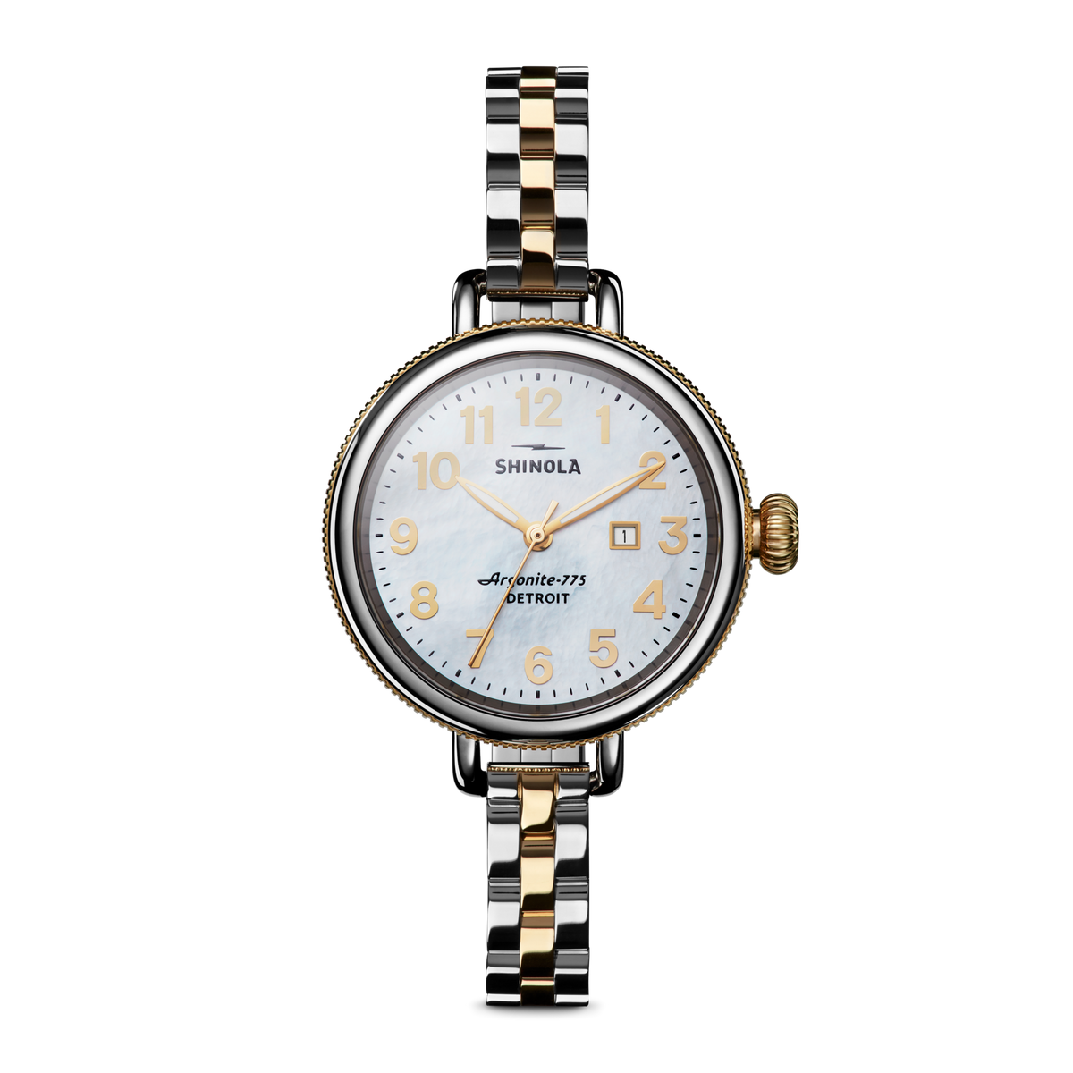 Shinola Birdy 34mm watch with white mother of pearl dial and two-tone bracelet