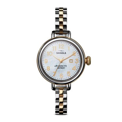 Shinola Birdy 34mm watch with white mother of pearl dial and two-tone bracelet