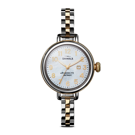 Shinola Birdy 34mm watch with white mother of pearl dial and two-tone bracelet