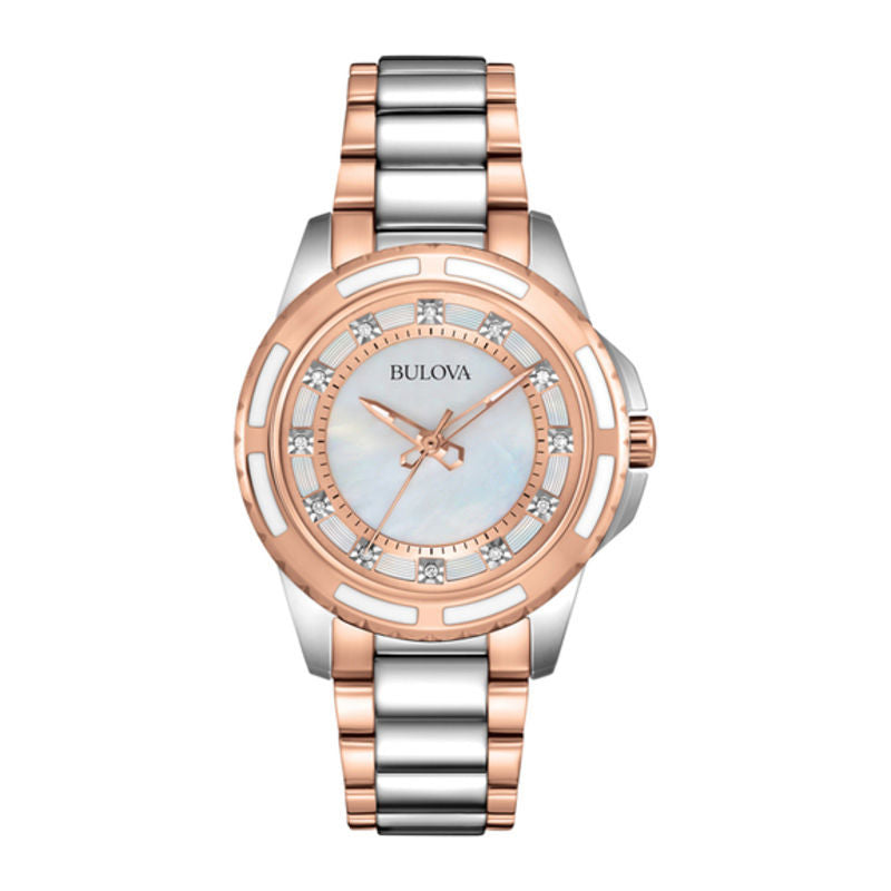 Ladies' Bulova Two-Tone Diamond Accent Watch with Mother-of-Pearl Dial (Model: 98P134)