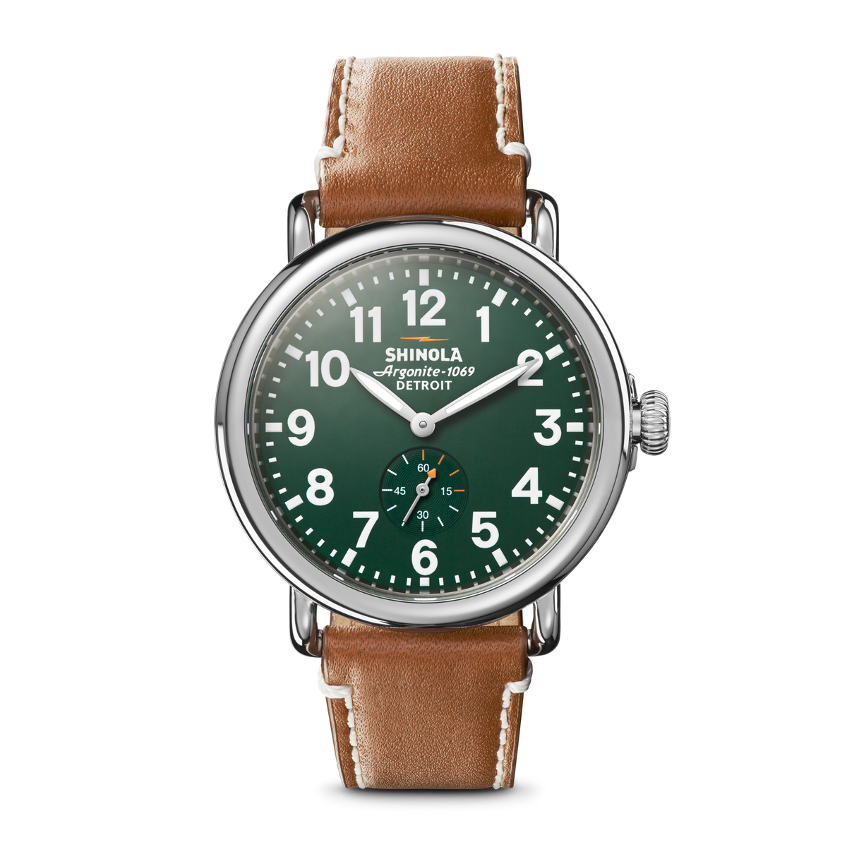 Shinola Runwell 41mm watch with green dial and tan leather strap