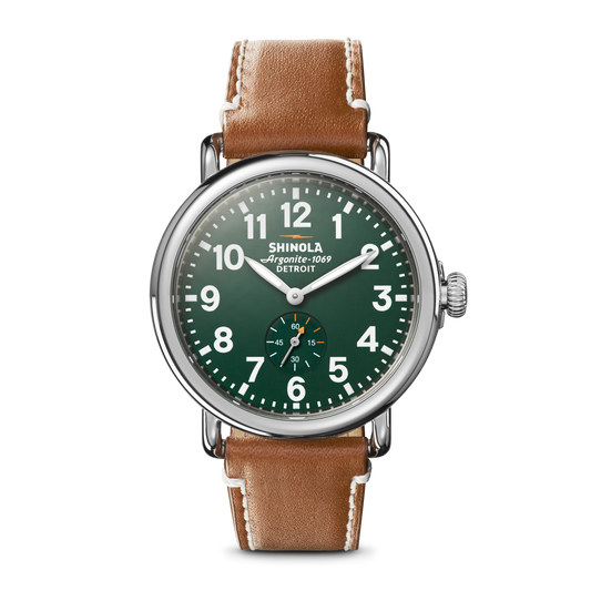 Shinola Runwell 41mm watch with green dial and tan leather strap