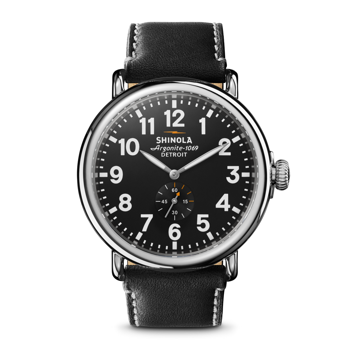 Shinola Runwell 47mm watch with black dial and black leather strap