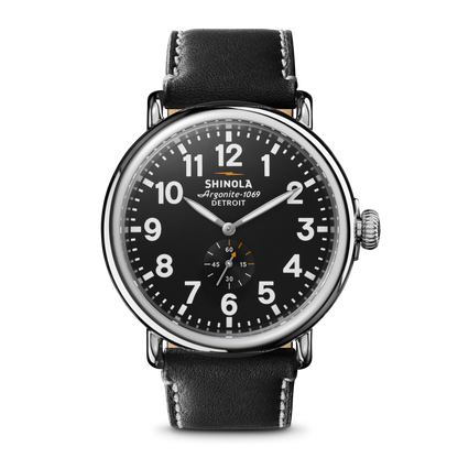 Shinola Runwell 47mm watch with black dial and black leather strap
