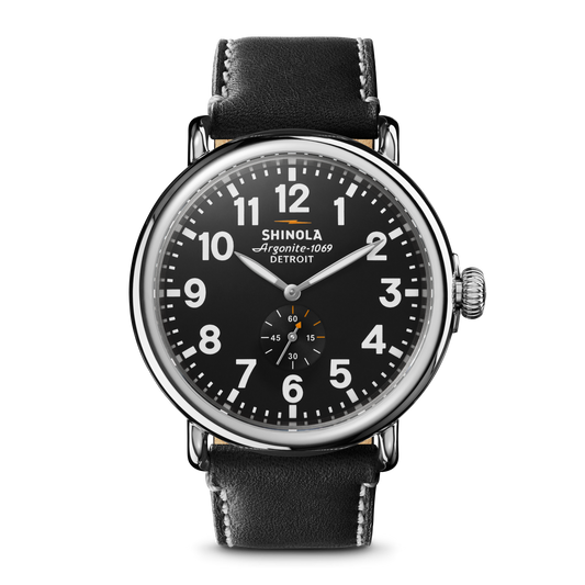 Shinola Runwell 47mm watch with black dial and black leather strap