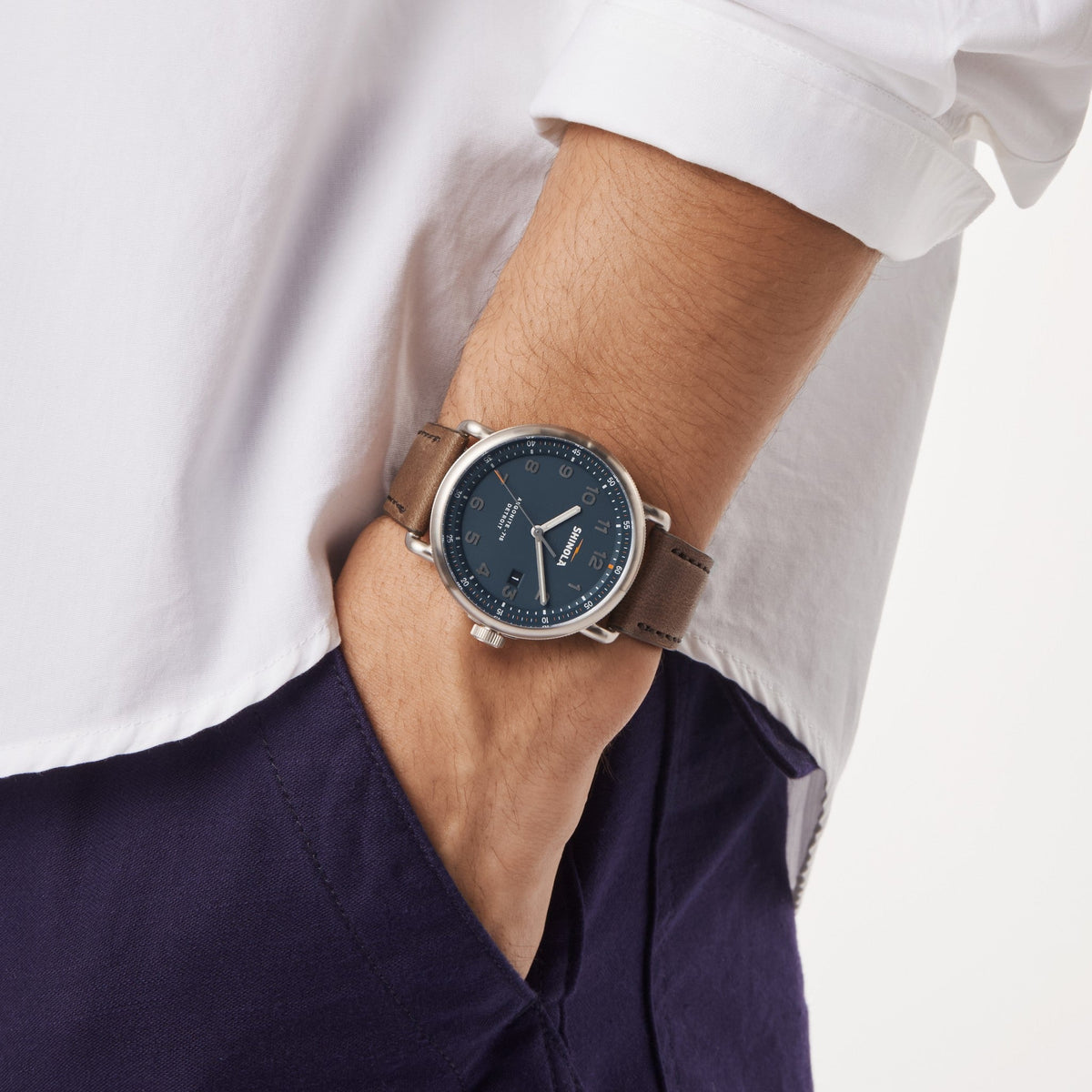 Shinola Canfield C56 Continental Blue watch on the wrist