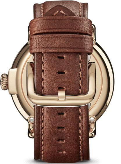 Shinola Runwell 47mm White Gold PVD watch buckled