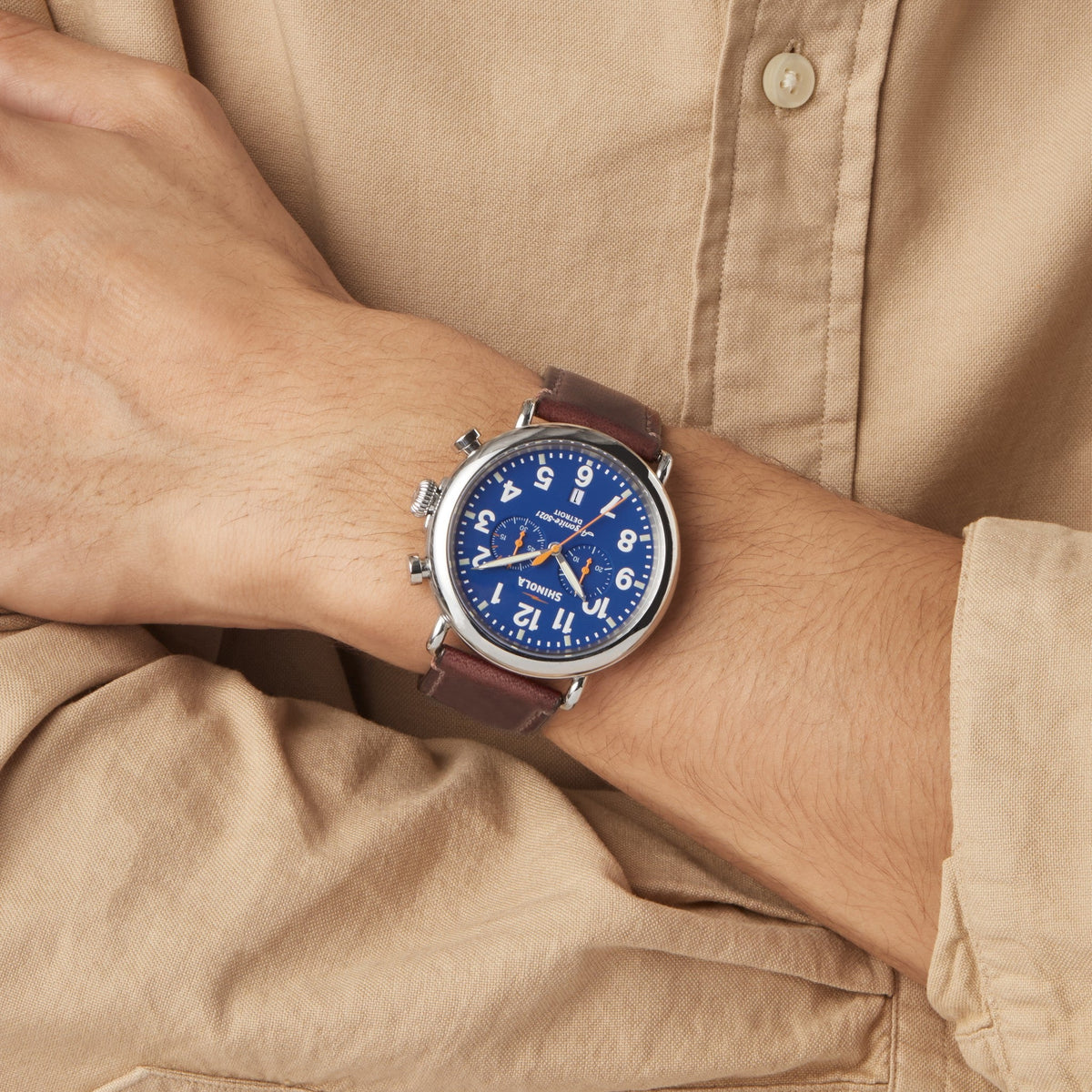 Shinola Runwell 47mm Blue chronograph on the wrist